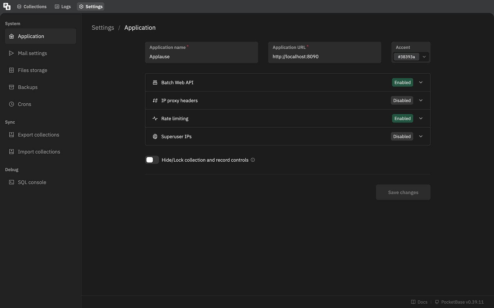 Screenshot of the Pocketbase Admin UI for the Applause app showing general application settings.