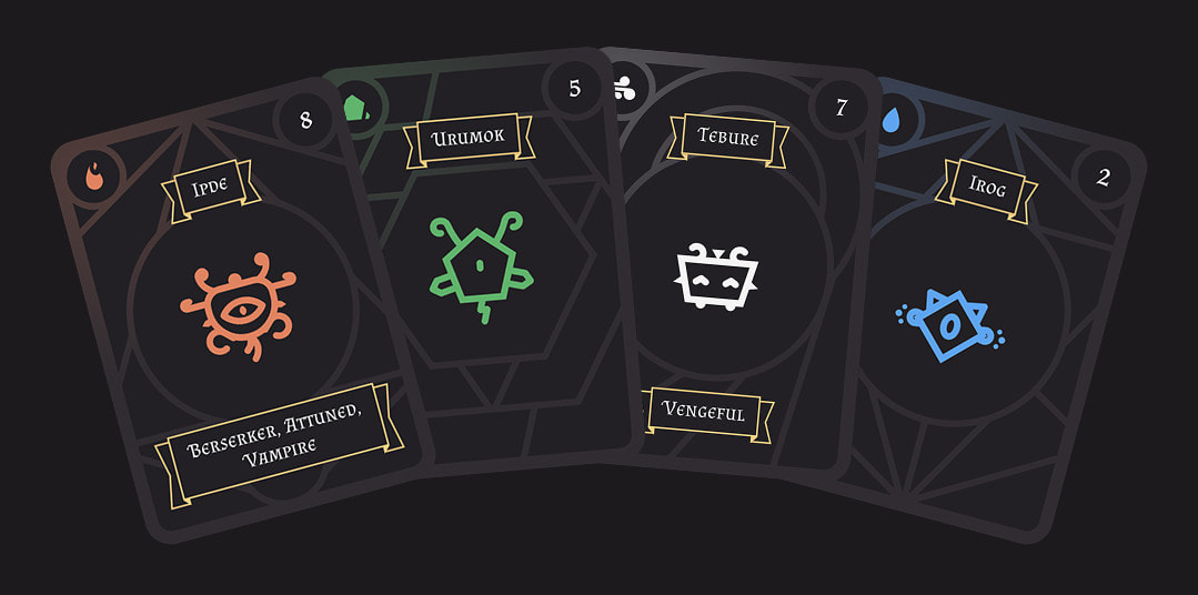 Four reworked Magistan cards, one for each element: fire, earth, air, water (from left to right). They depict four creatures with various spikes, antennae and other decorations. Each has a name: Ipde, Urumok, Tebure, Irok.