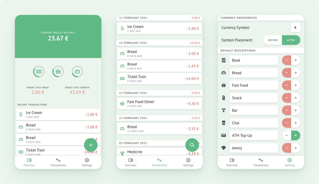 The three main screens of Prt Mny: Home, Transactions and Settings