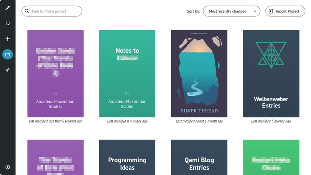 A screenshot of Qami’s library view showing a set of colourful thumbnails that look like the covers of books