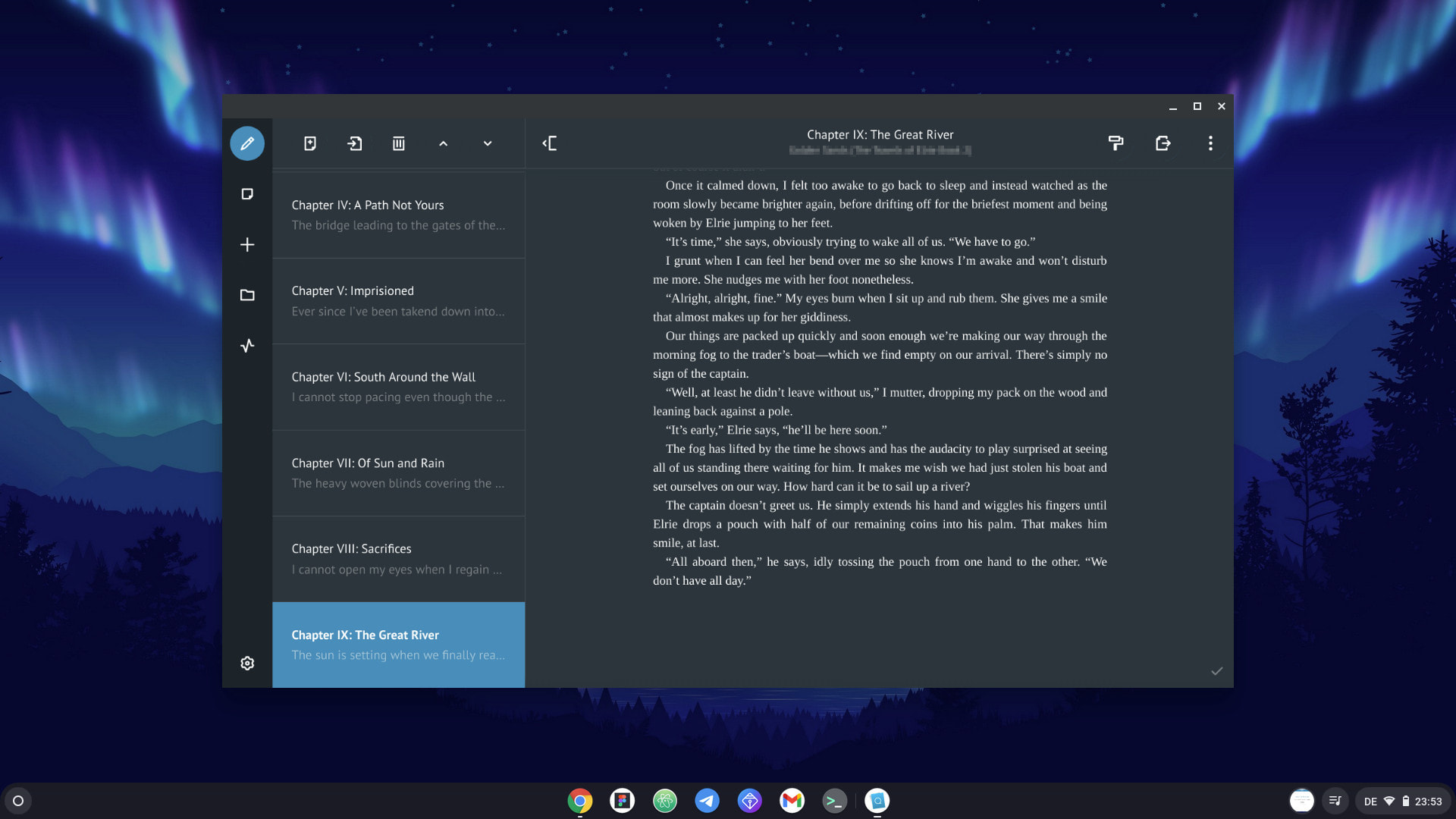 a screenshot of Qami’s writing UI in the dark theme on ChromeOS