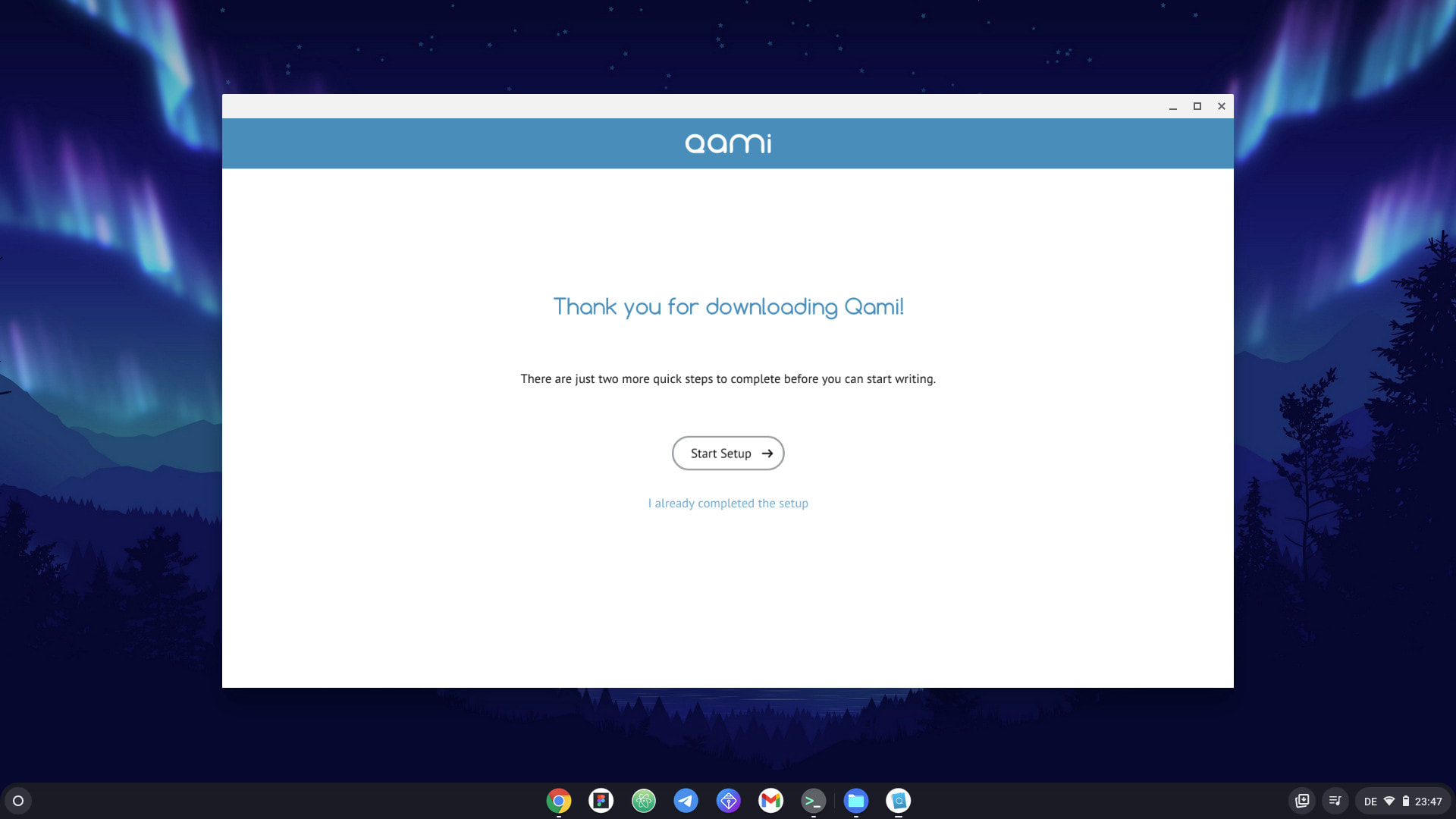 a screenshot of Qami’s welcome screen running on ChromeOS
