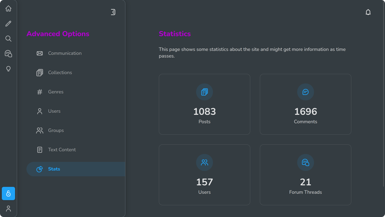 A screenshot of the stats screen in the dark theme showing over a thousand posts and comments, as well as almost 160 active users and over 20 forum threads